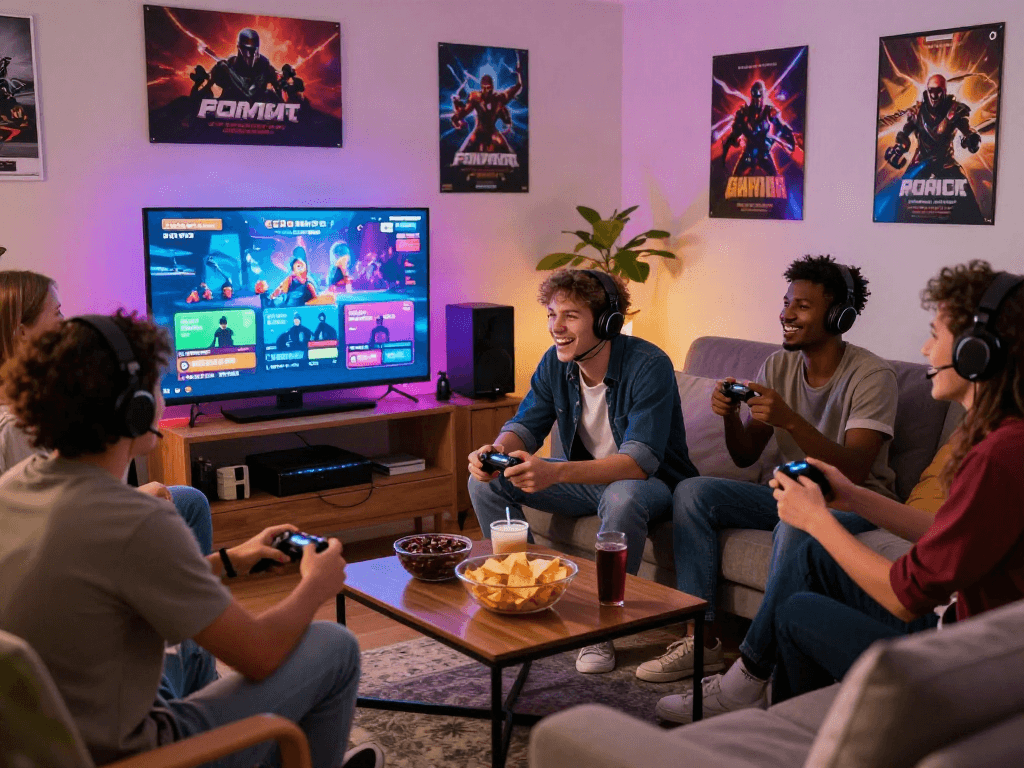Group of friends enjoying porn games in a cozy living room setting with snacks and gaming setup