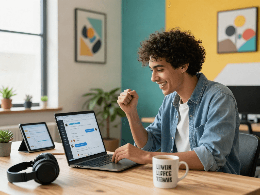 Dynamic scene showcasing a user interacting with spicy chat AI on a laptop in a modern co-working space, highlighting innovation.