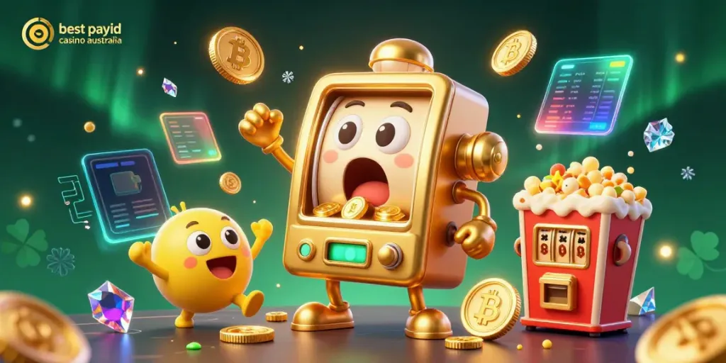 Cheerful golden slot machine celebrating a jackpot, representing the best payid casino australia.