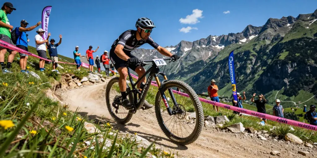 Exciting notizie ciclismo from the 2026 MTB World Championships with an athlete racing through scenic mountain trails.