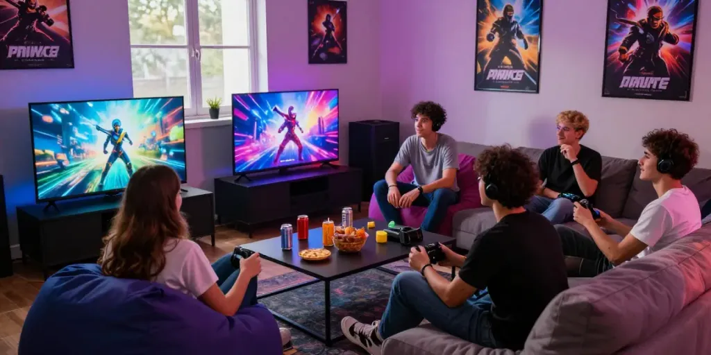 Exciting gaming session with friends enjoying rokok88 on a large screen.