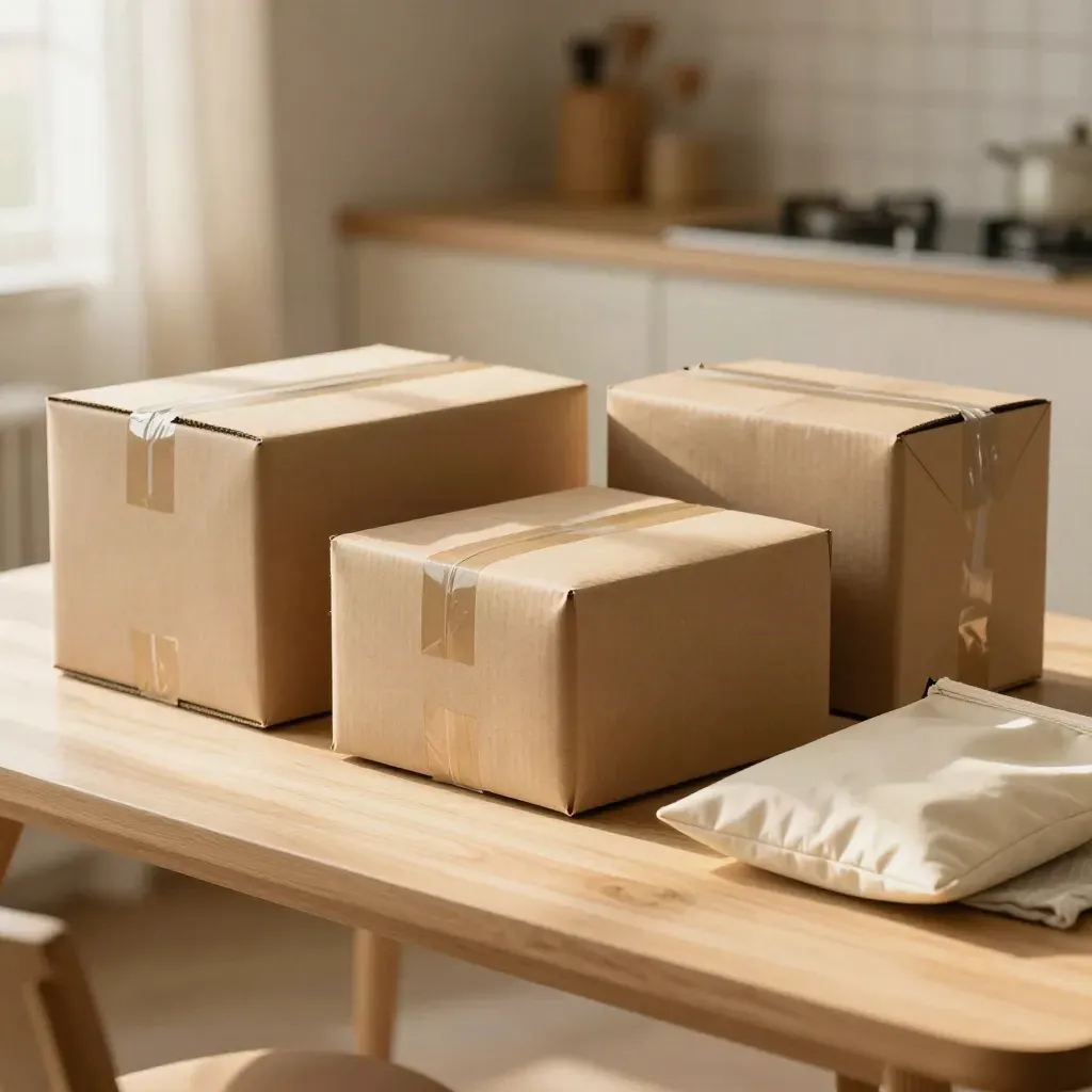Scatole di elettrodomestici, pacco marketplace e busta reso su tavolo di cucina in luce calda.