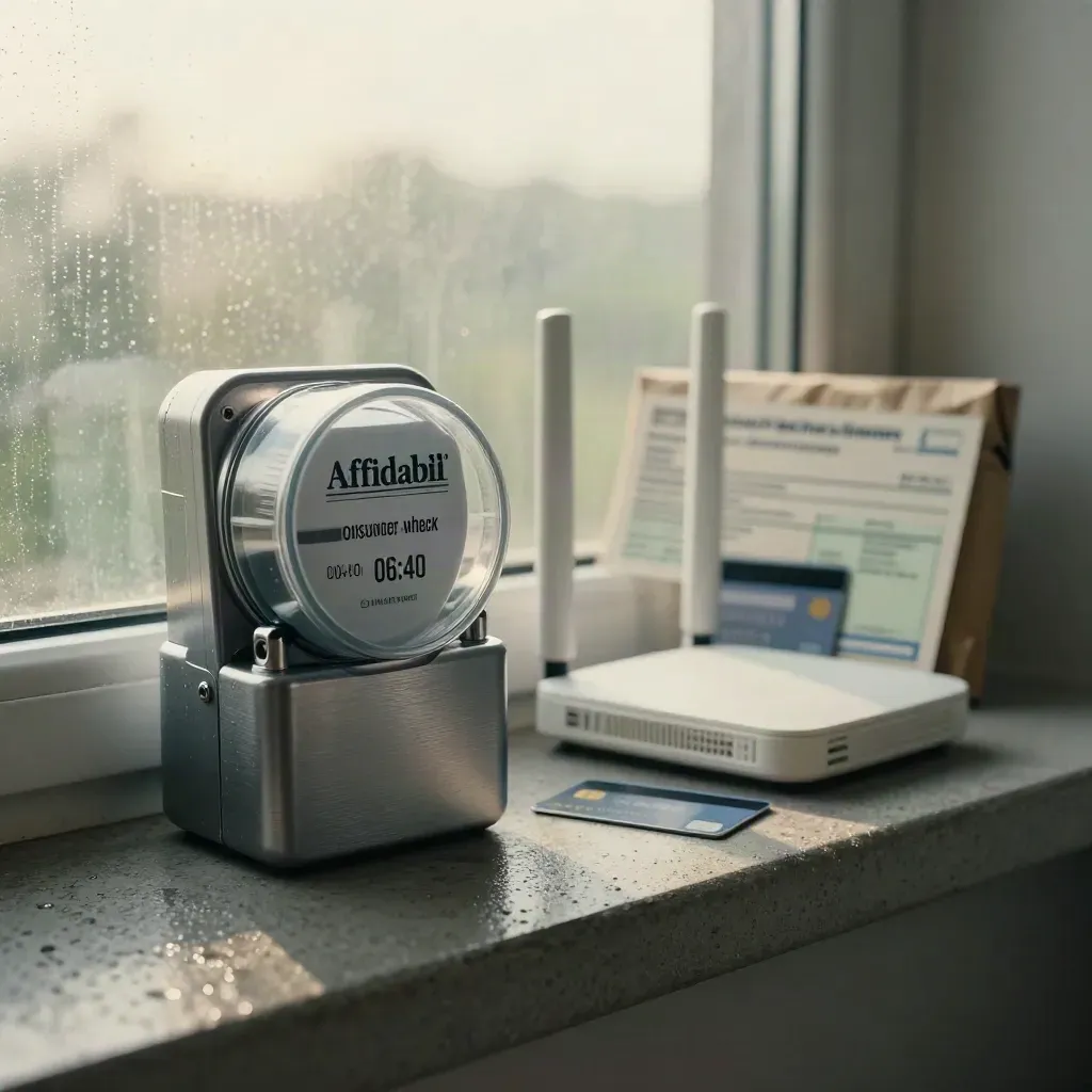 Contatore smart, router, carta, pacco e busta garanzia in luce mattutina cinematografica.