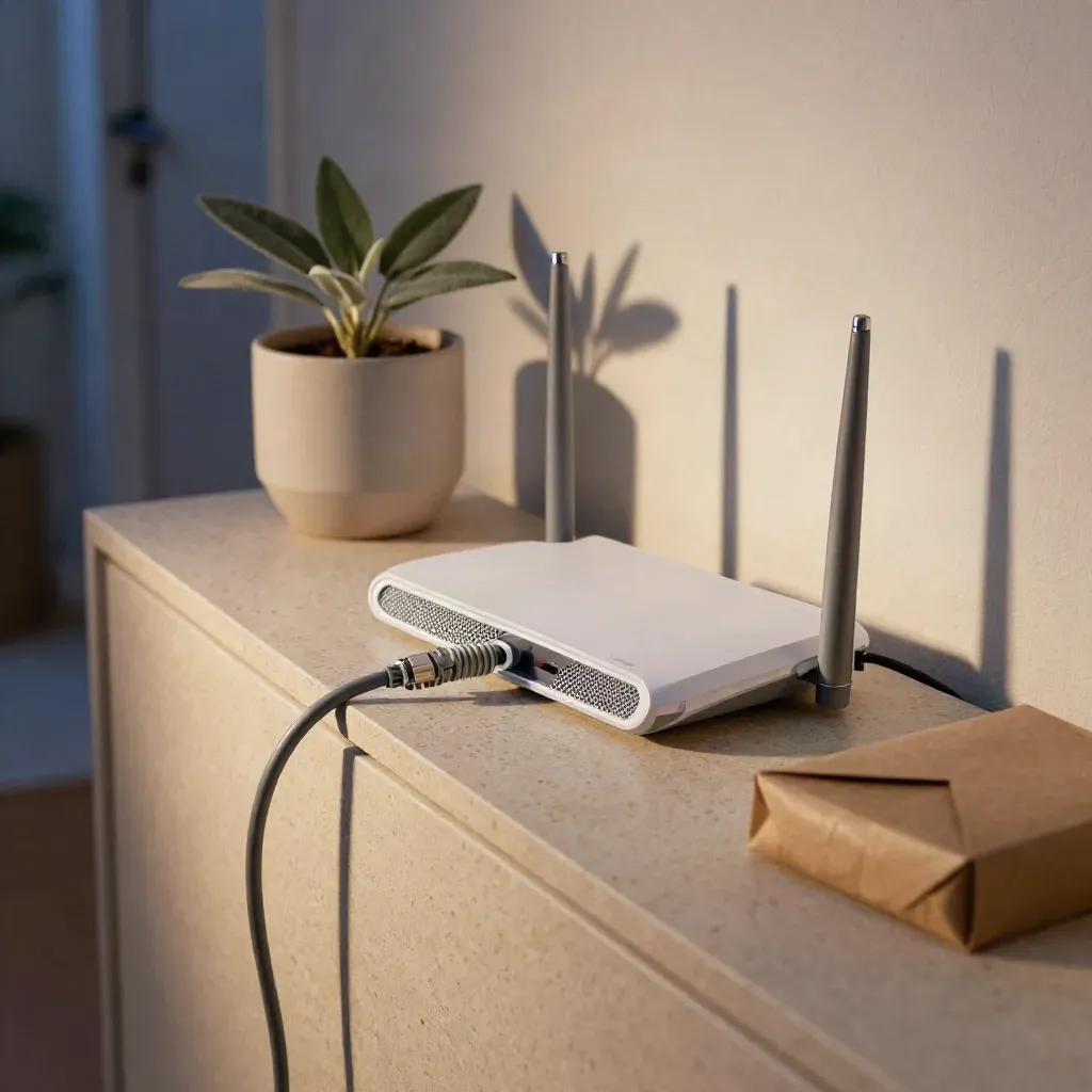 Router e nodo mesh su console d’ingresso al crepuscolo, luce LED appena stabile.