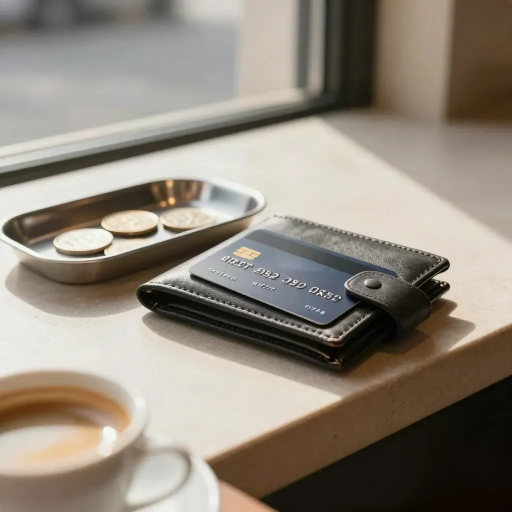 Carta di debito, portafoglio e vassoio portamonete su banco di caffè, luce morbida di mezzogiorno.