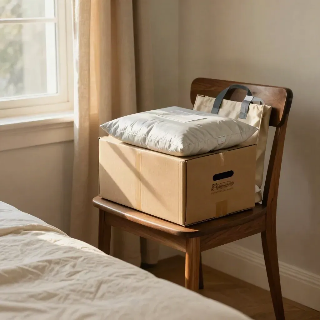 Kit resi su una sedia vicino alla finestra, con luce del mattino e tenda in movimento.
