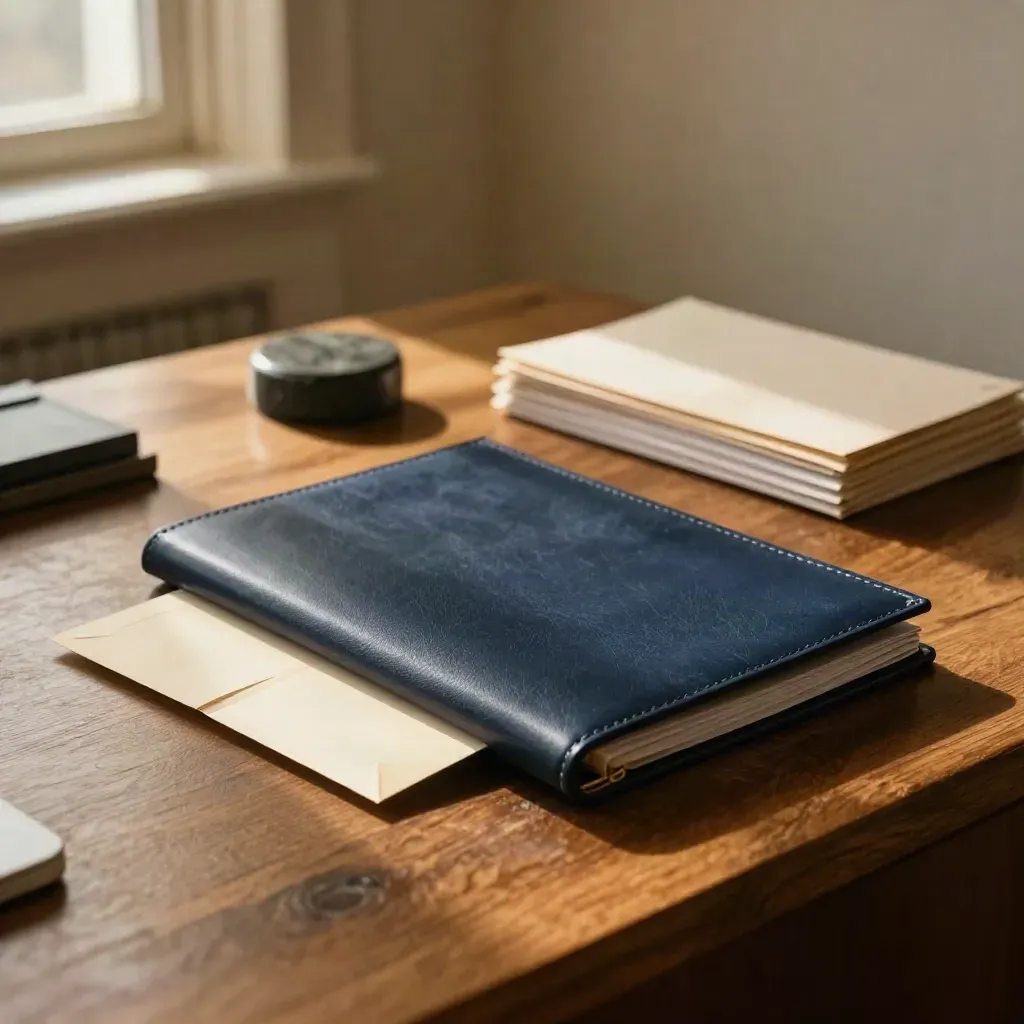 Folio blu, due buste sigillate e un fermacarte di pietra su una scrivania d’ufficio.