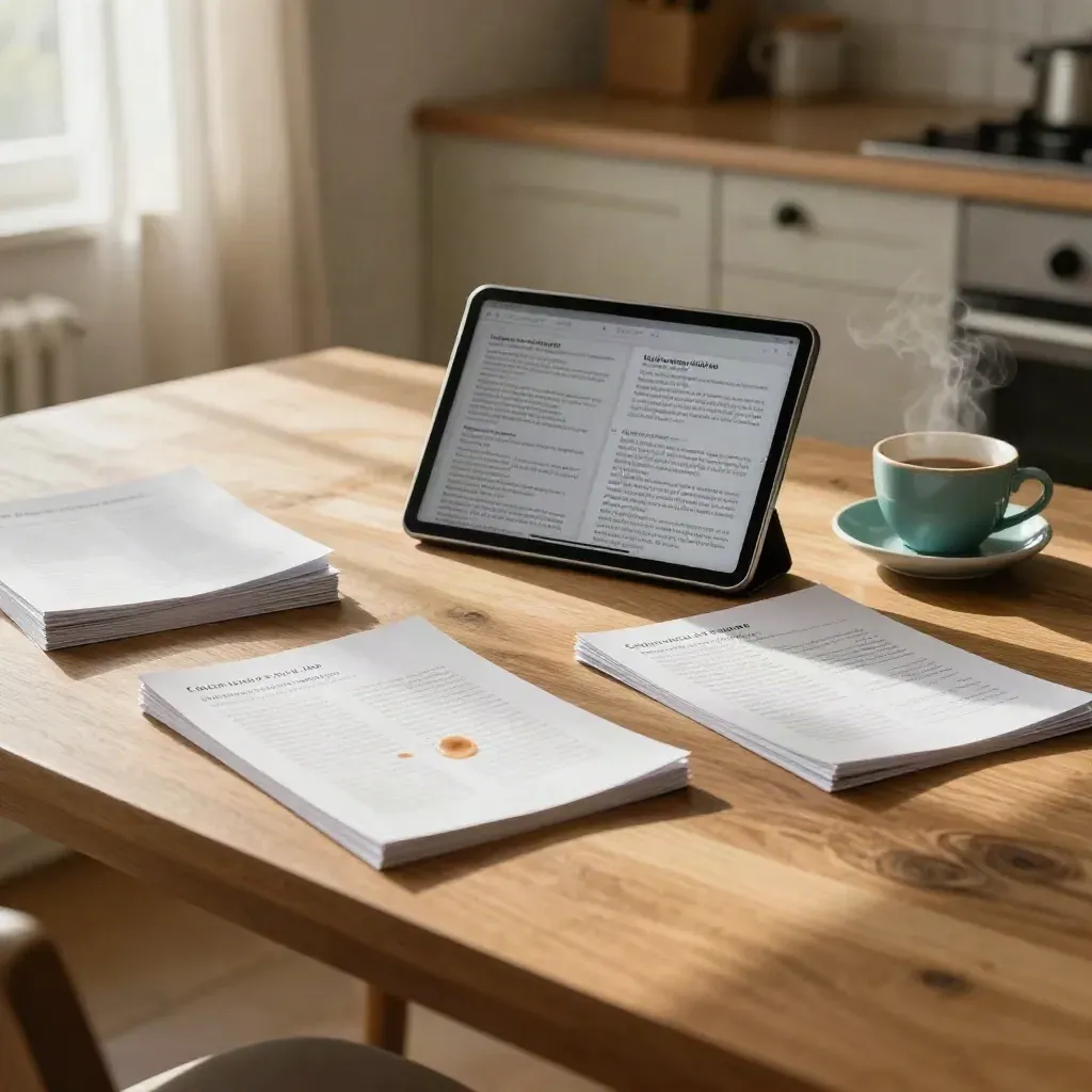 Tablet con recensioni, appunti letti bene e caffè su tavolo caldo, luce mattutina.