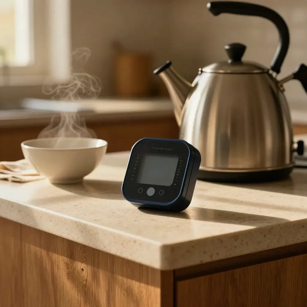 Contatore smart e bollitore in cucina con vapore, ciotola e canovaccio su piano in travertino.