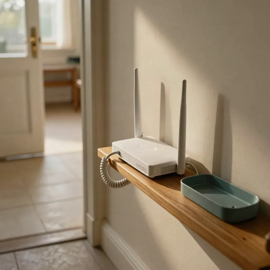 Modem fibra bianco, presa a muro e cavo arrotolato su mensola del corridoio, luce calda.