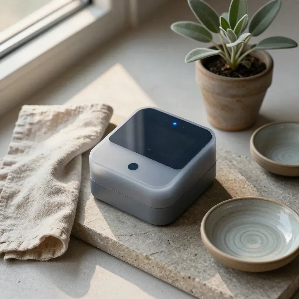 Contatore elettrico smart su vassoio di pietra con lino, piantina e piattino ceramico.