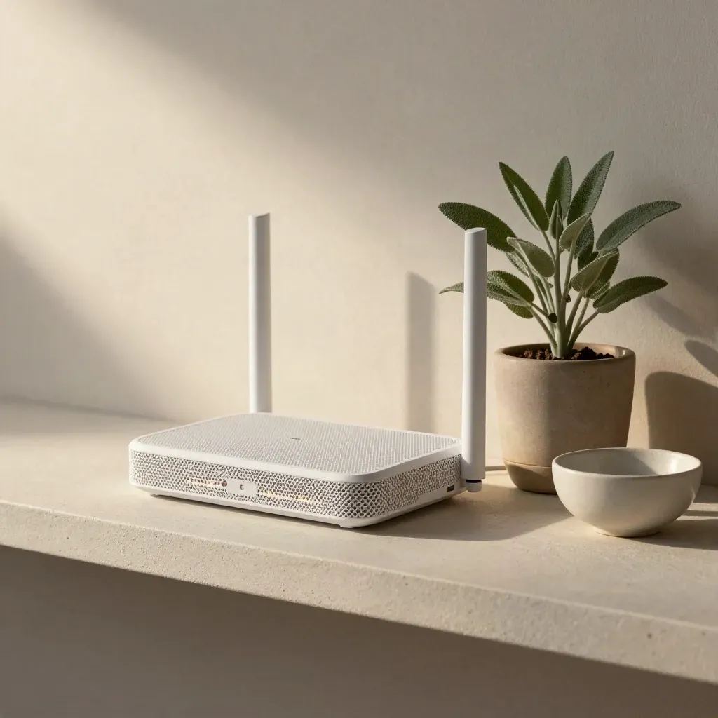 Router mesh bianco, nodo compatto, piantina e ciotola su mensola chiara.