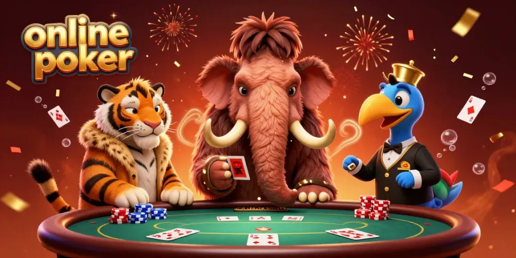 Experience online poker with vibrant characters and dynamic casino elements in this lively illustration.