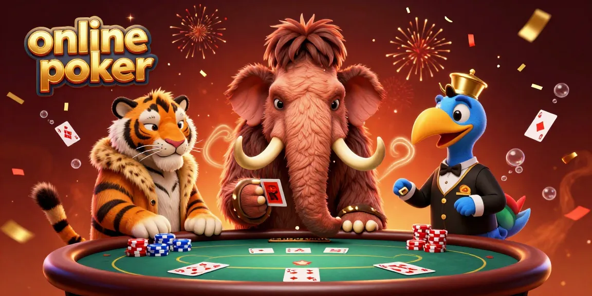 Experience online poker with vibrant characters and dynamic casino elements in this lively illustration.