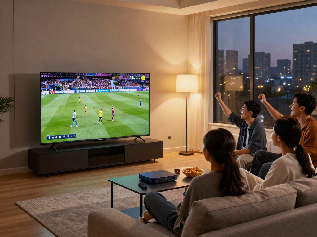 Miglior IPTV streaming in a vibrant living room during a sports event, friends enjoying together.