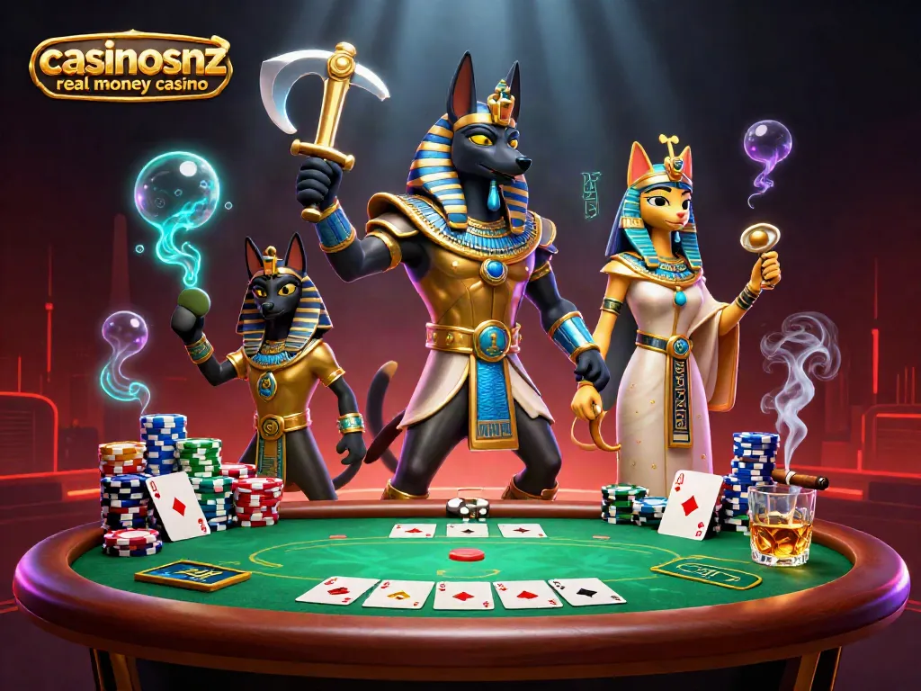 Experience the thrill of casinosnz real money casino with Anubis and Bastet at a poker table.