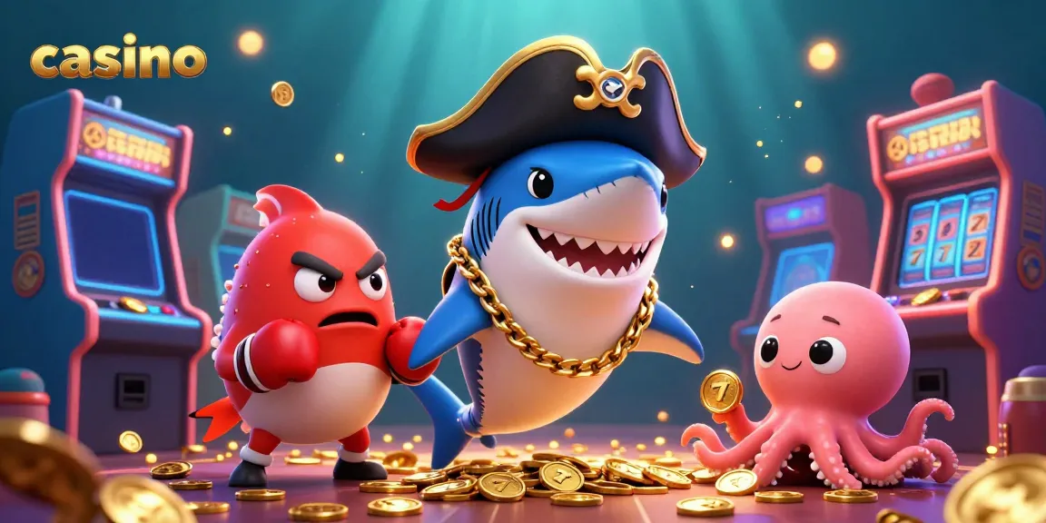 Exciting casino scene featuring a cartoon shark, pufferfish, and octopus with gold coins and gaming elements.