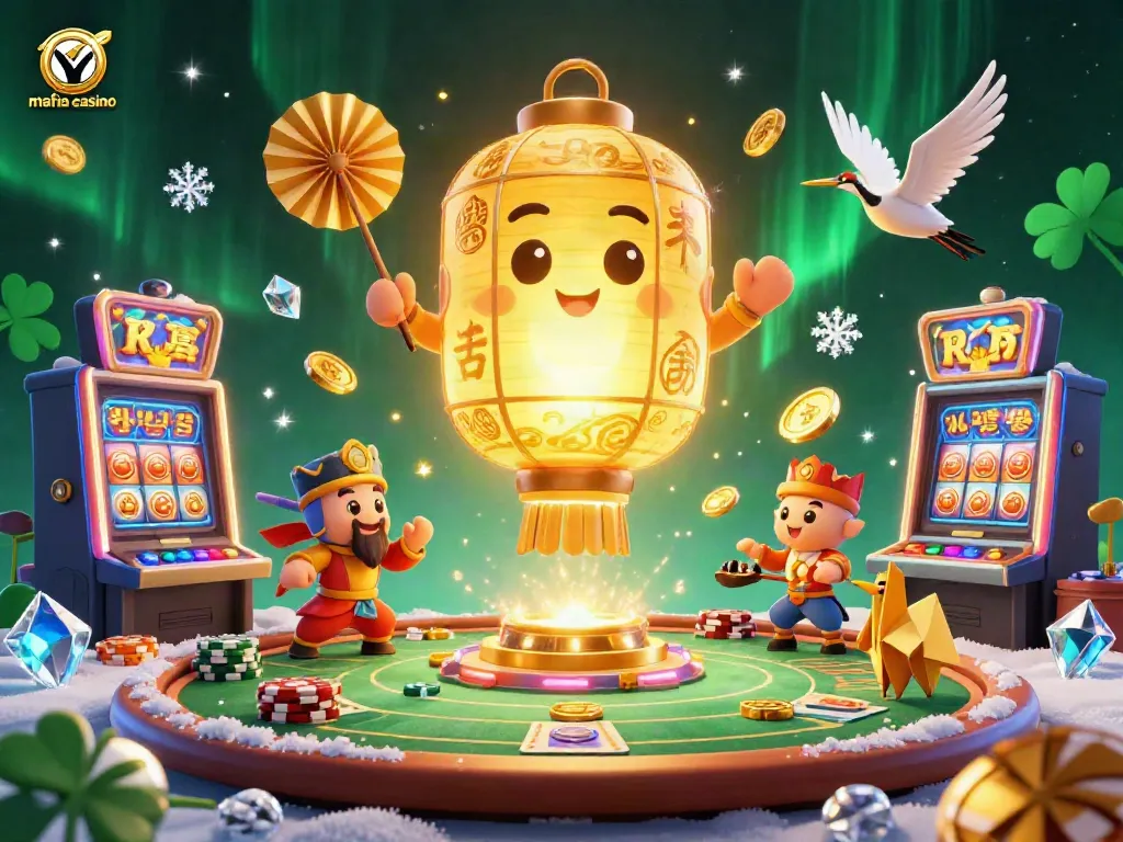 Mafia casino scene featuring a glowing lantern spirit and golden companions in a vibrant casino.